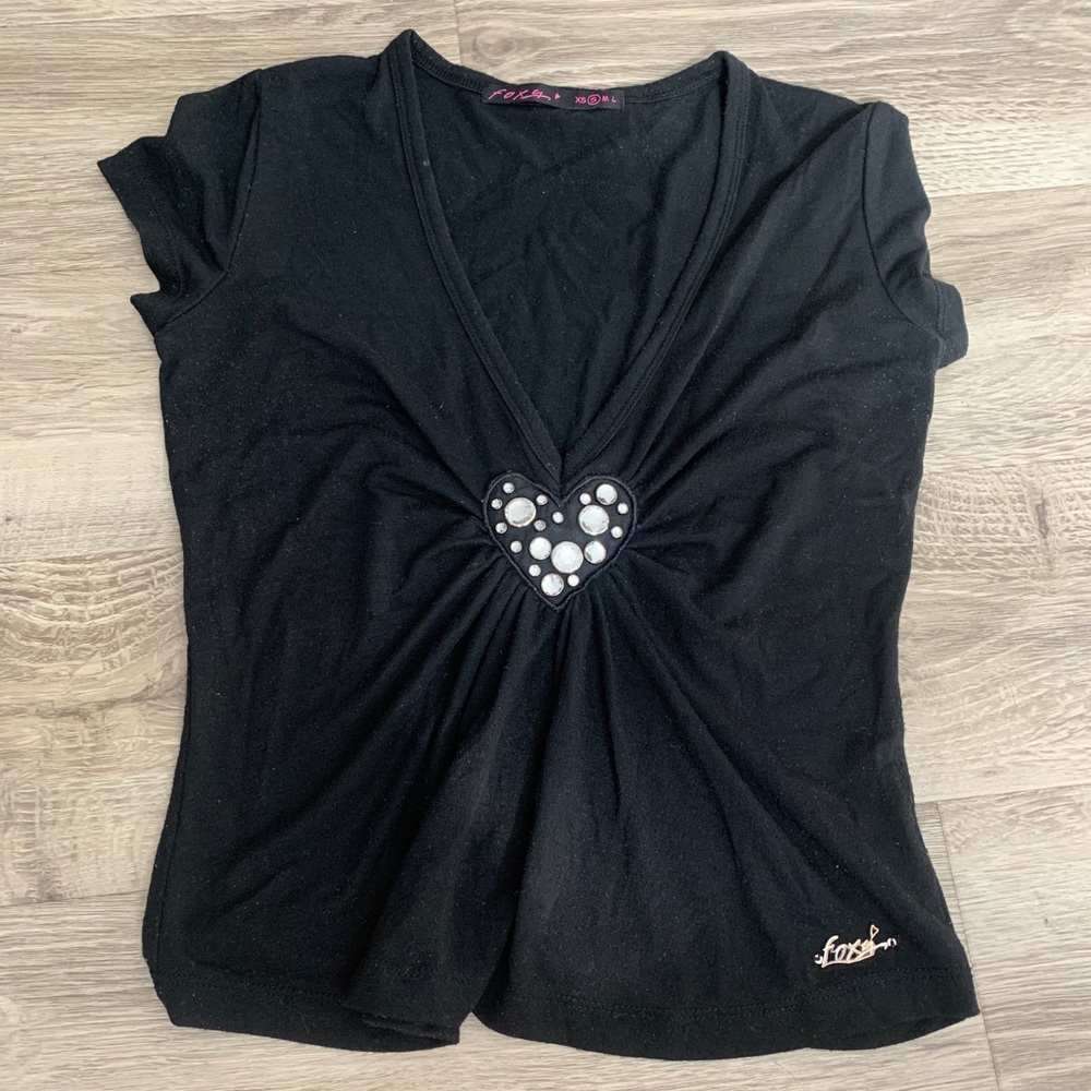 Vintage Foxy Jeans Heart Glam V Neck Cropped Baby Tee